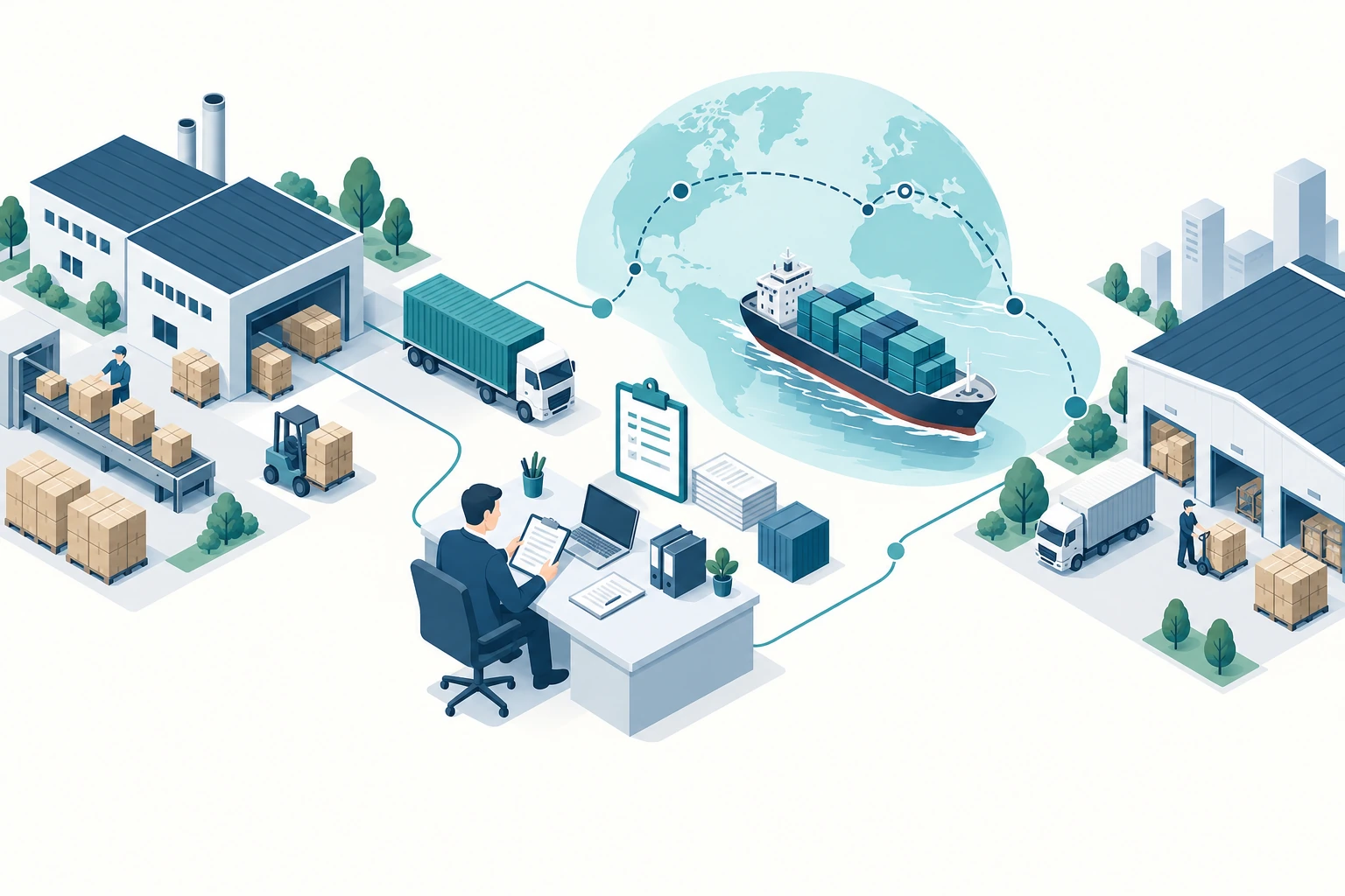 Conceptual illustration showing goods moving from an export factory through a freight coordinator to a destination warehouse.